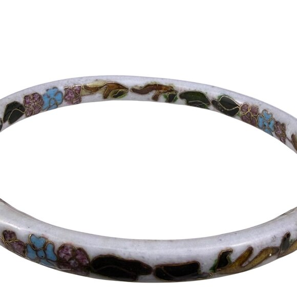 White Cloisonné Enamel Women’s Floral Bangle Bracelet Vintage Handmade Jewelry - Picture 4 of 6